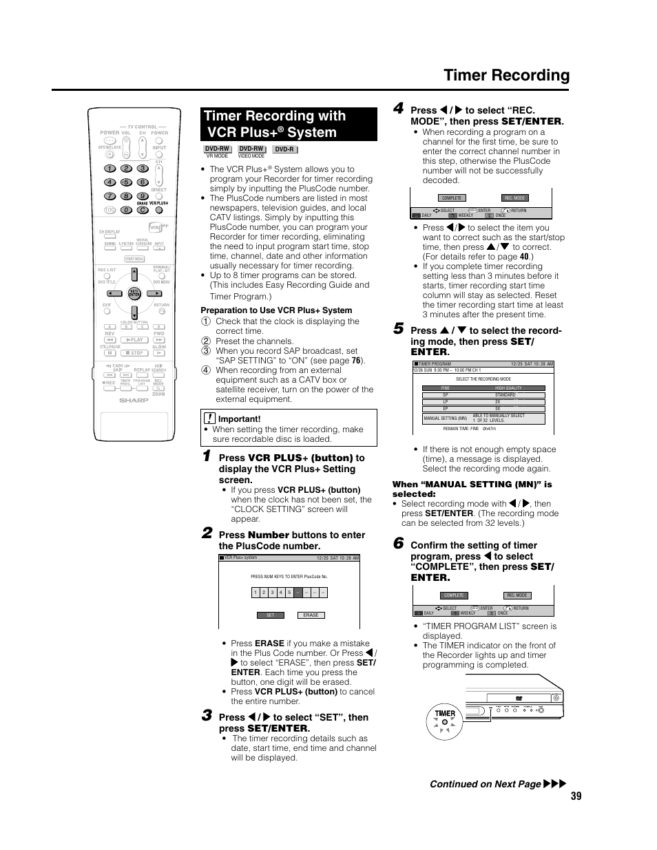 Timer recording, Timer recording with vcr plus, System | Press number buttons to enter the pluscode number, Press \ / | to select “set”, then press set/enter, Continued on next page | Sharp DV-SR3U User Manual | Page 39 / 101