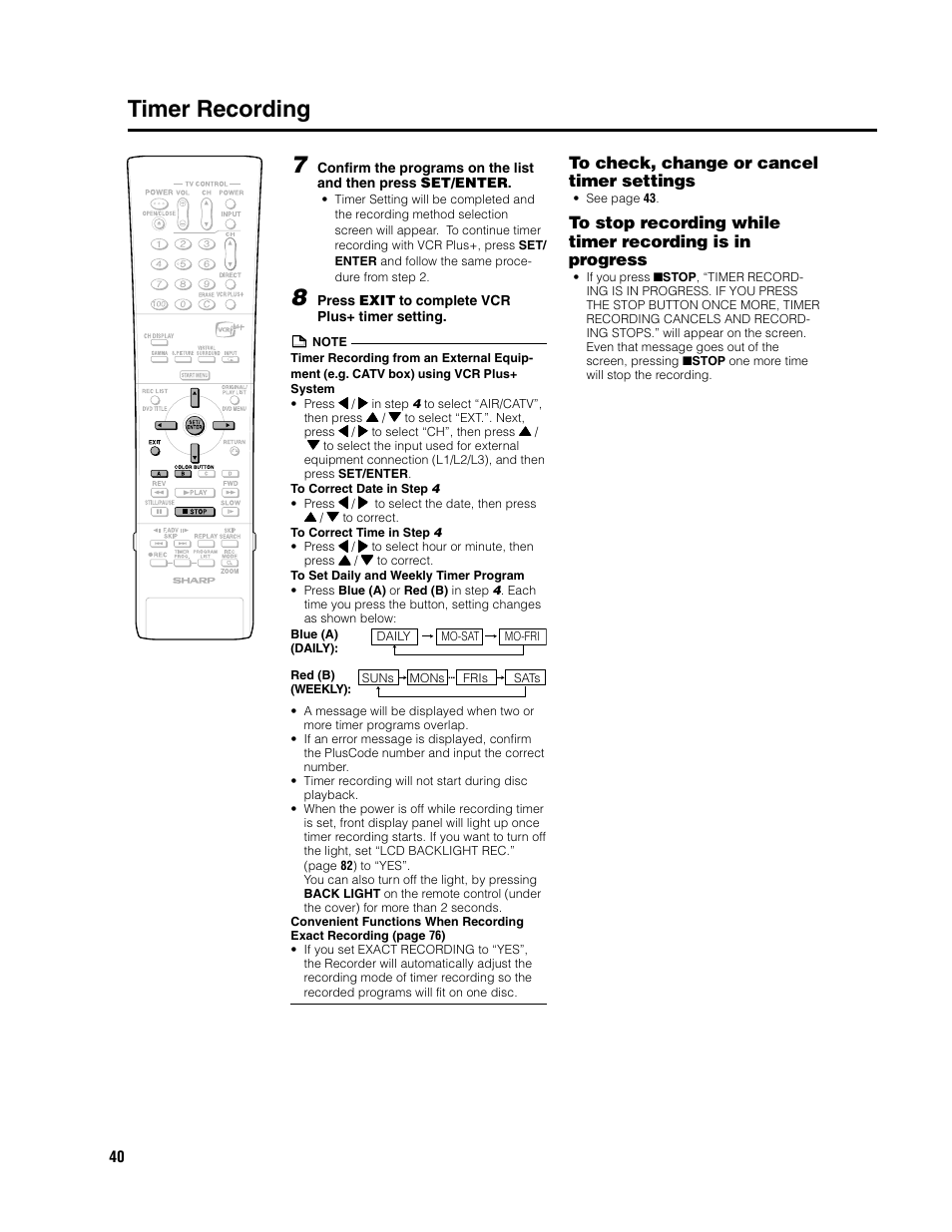 Timer recording 7 | Sharp DV-SR3U User Manual | Page 40 / 101