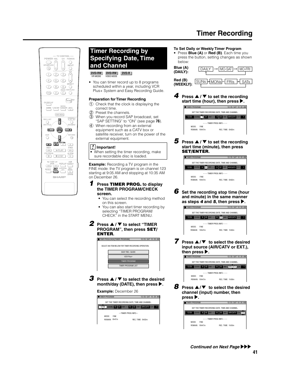 Timer recording, Continued on next page, Example: december 26 | Blue (a) (daily): red (b) (weekly), Daily mo-sat mo-fri mons fris sats suns | Sharp DV-SR3U User Manual | Page 41 / 101