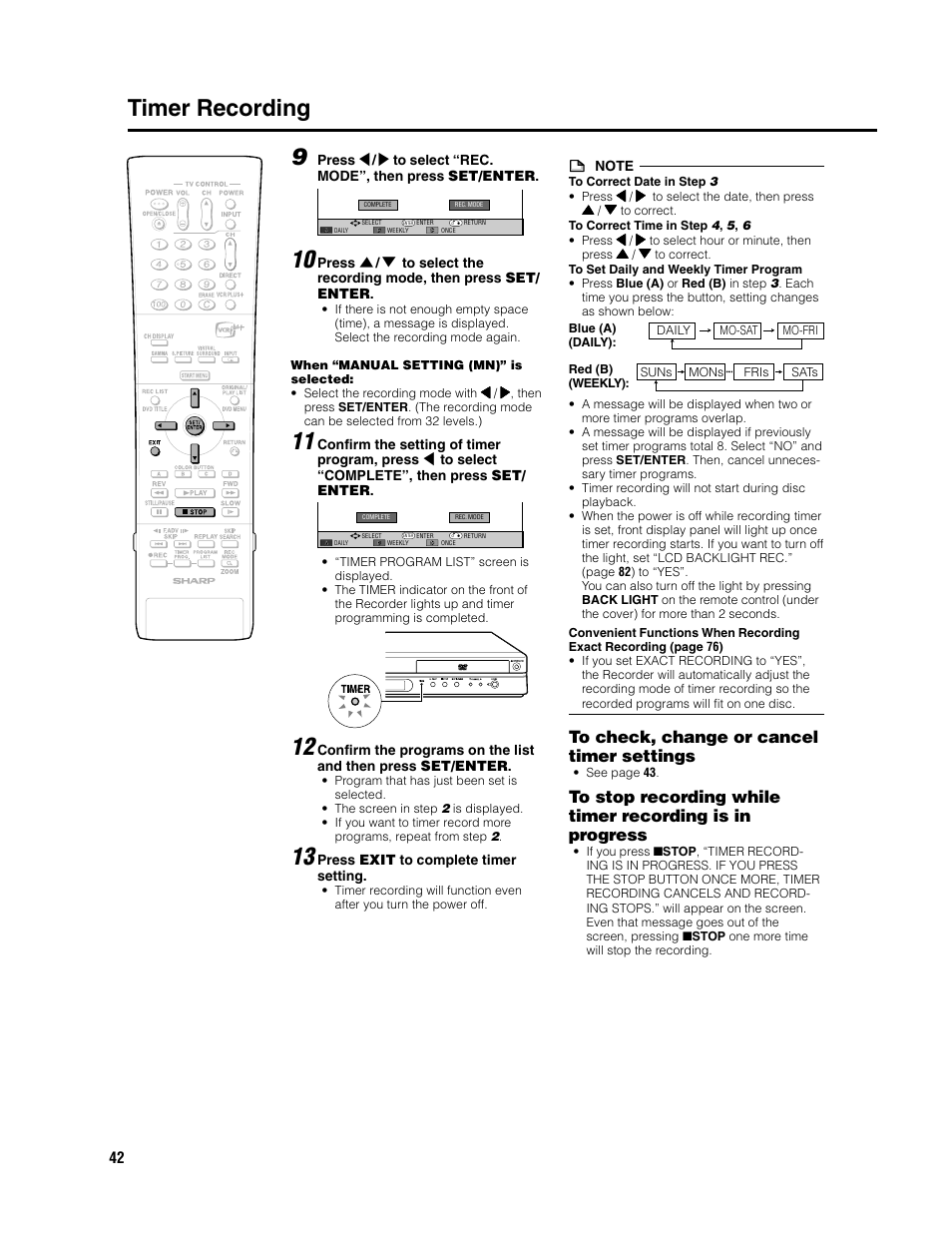 Timer recording | Sharp DV-SR3U User Manual | Page 42 / 101