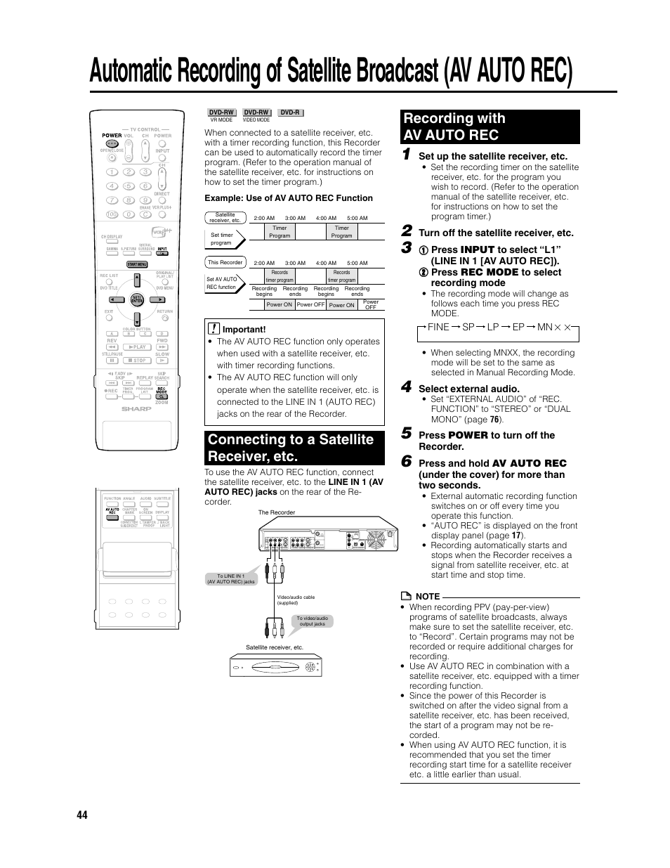 Connecting to a satellite receiver, etc, Recording with av auto rec | Sharp DV-SR3U User Manual | Page 44 / 101