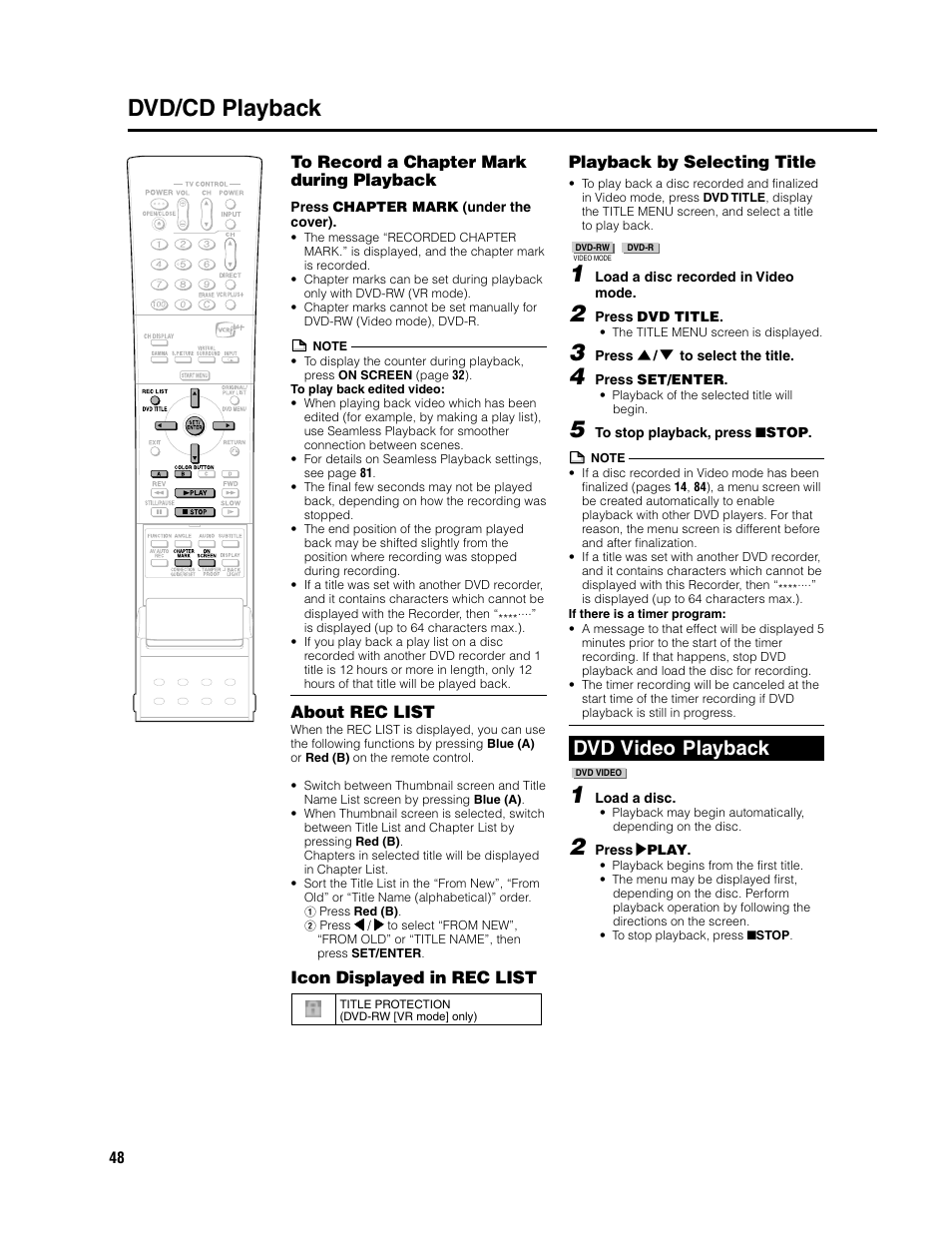 Dvd/cd playback, Dvd video playback, About rec list | Icon displayed in rec list, Playback by selecting title | Sharp DV-SR3U User Manual | Page 48 / 101