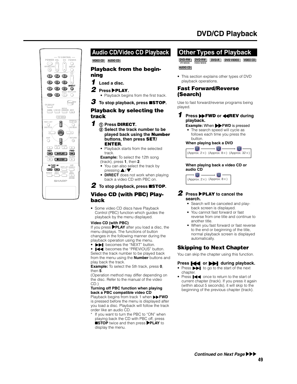 Dvd/cd playback, Audio cd/video cd playback, Other types of playback | Playback from the begin- ning, Playback by selecting the track, Video cd (with pbc) play- back, Fast forward/reverse (search), Skipping to next chapter | Sharp DV-SR3U User Manual | Page 49 / 101