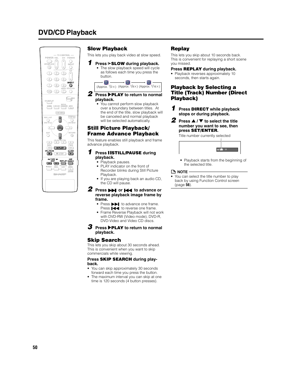 Dvd/cd playback, Slow playback, Still picture playback/ frame advance playback | Skip search, Replay | Sharp DV-SR3U User Manual | Page 50 / 101