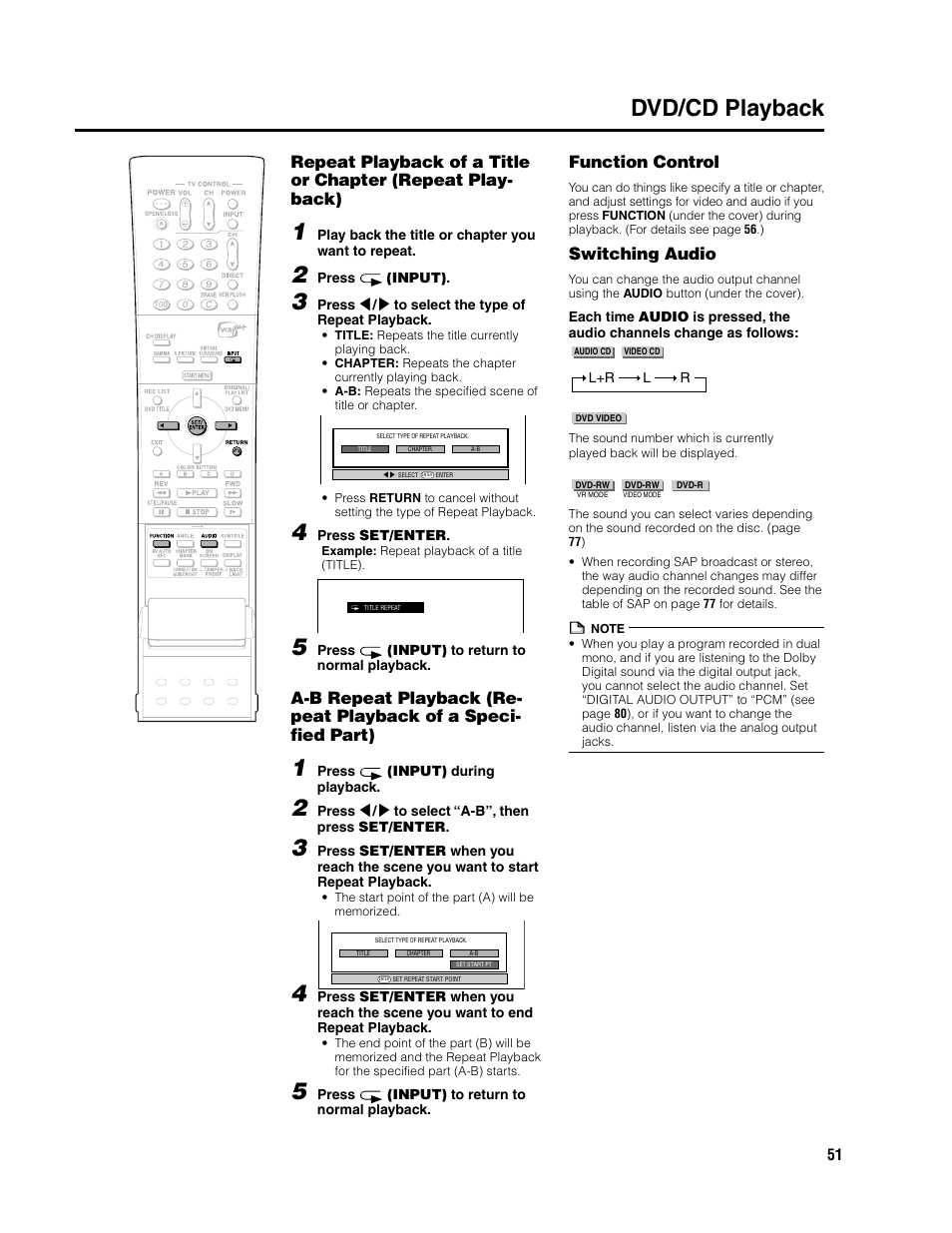 Dvd/cd playback, Function control, Switching audio | Sharp DV-SR3U User Manual | Page 51 / 101