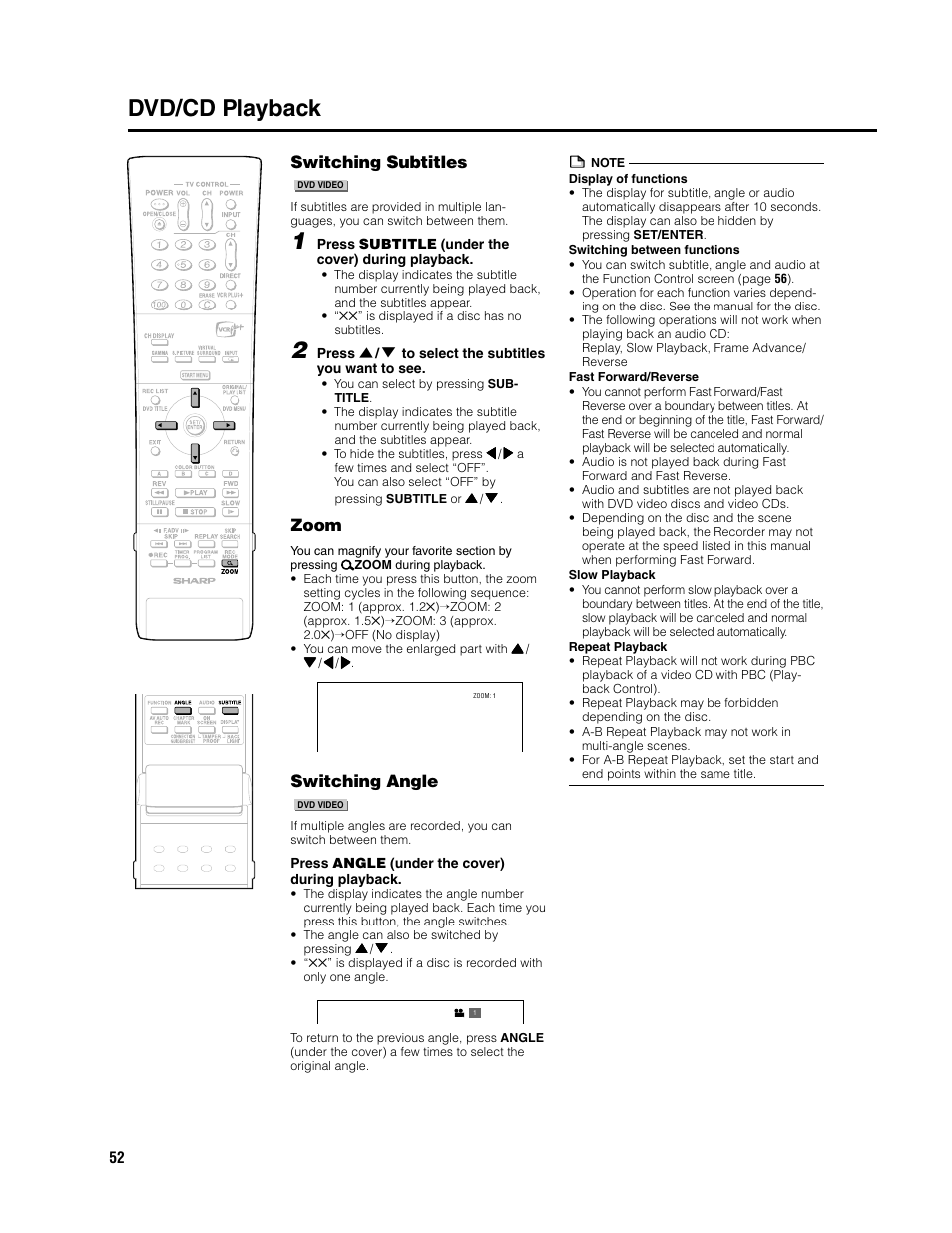 Dvd/cd playback, Switching subtitles, Zoom | Switching angle | Sharp DV-SR3U User Manual | Page 52 / 101