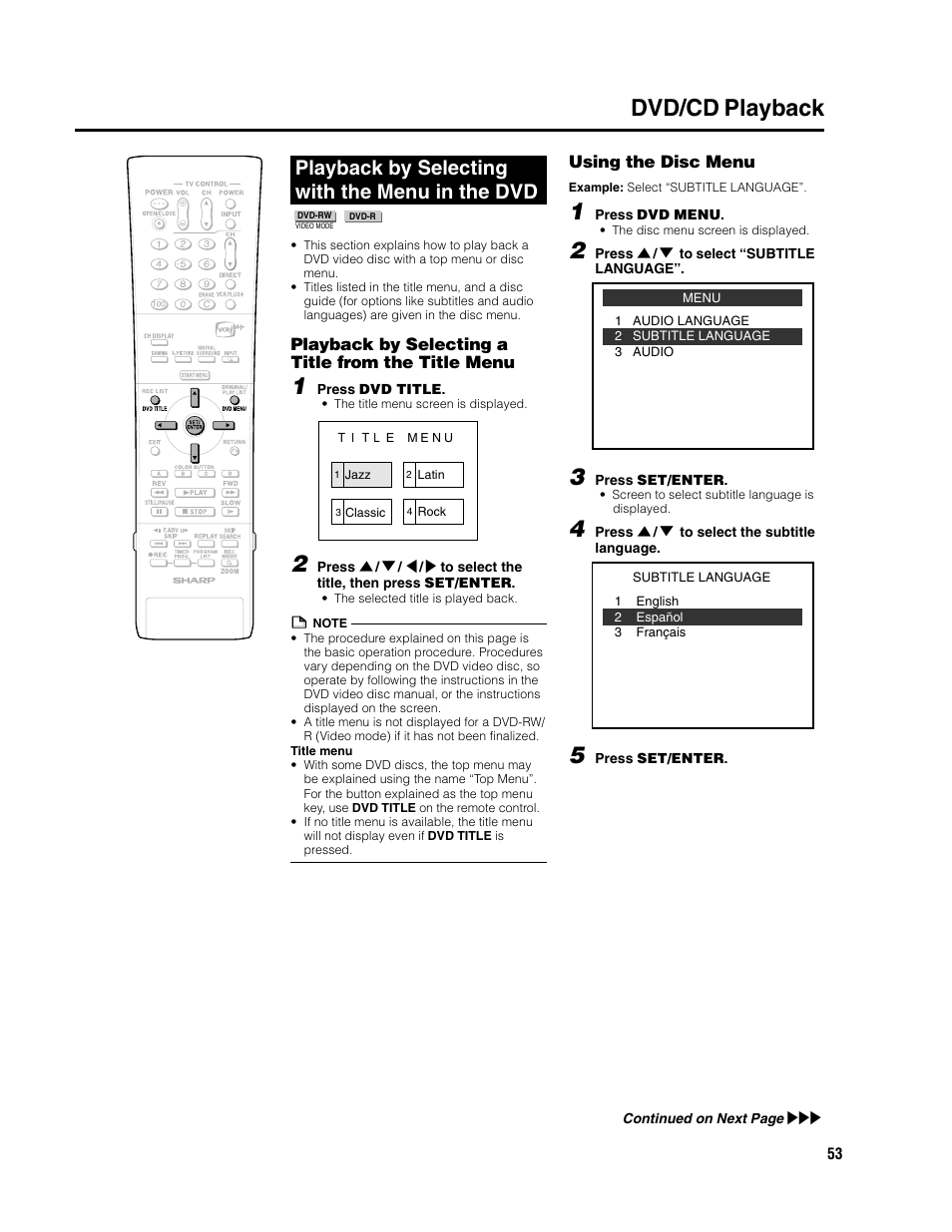 Dvd/cd playback, Playback by selecting with the menu in the dvd | Sharp DV-SR3U User Manual | Page 53 / 101