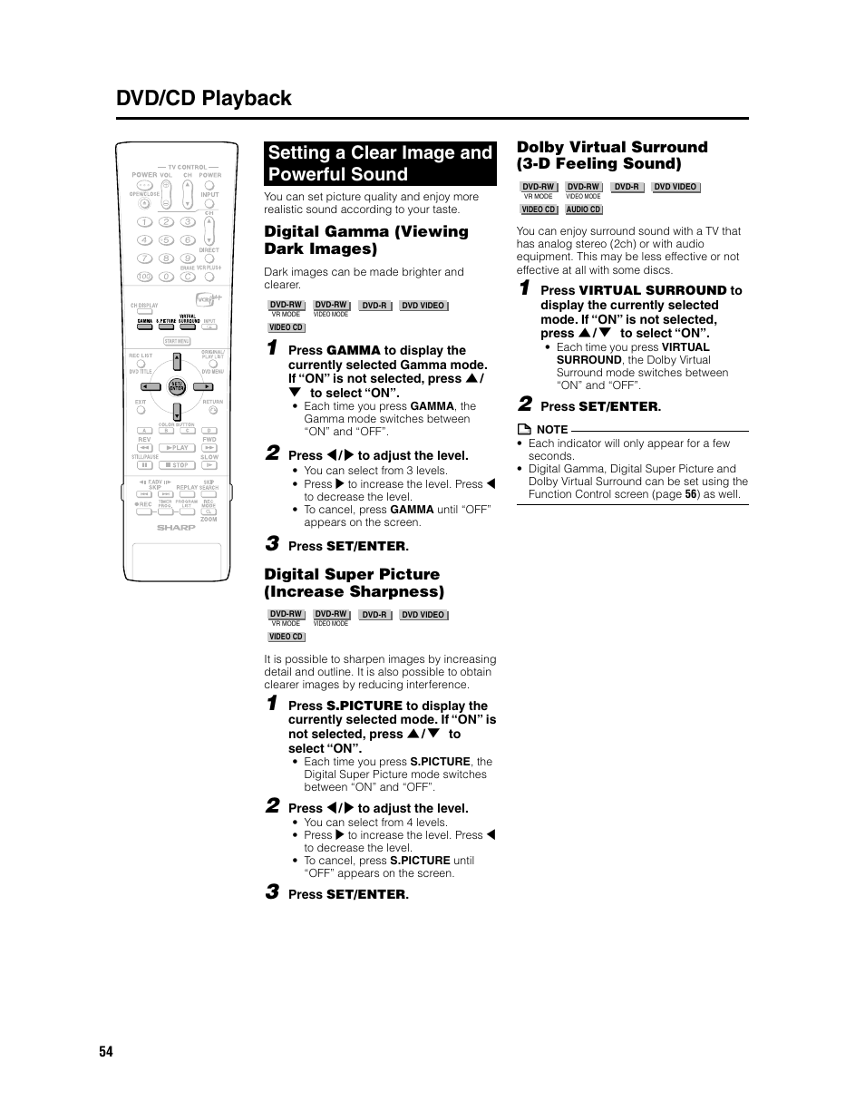 Dvd/cd playback, Setting a clear image and powerful sound, Digital gamma (viewing dark images) | Digital super picture (increase sharpness), Dolby virtual surround (3-d feeling sound) | Sharp DV-SR3U User Manual | Page 54 / 101