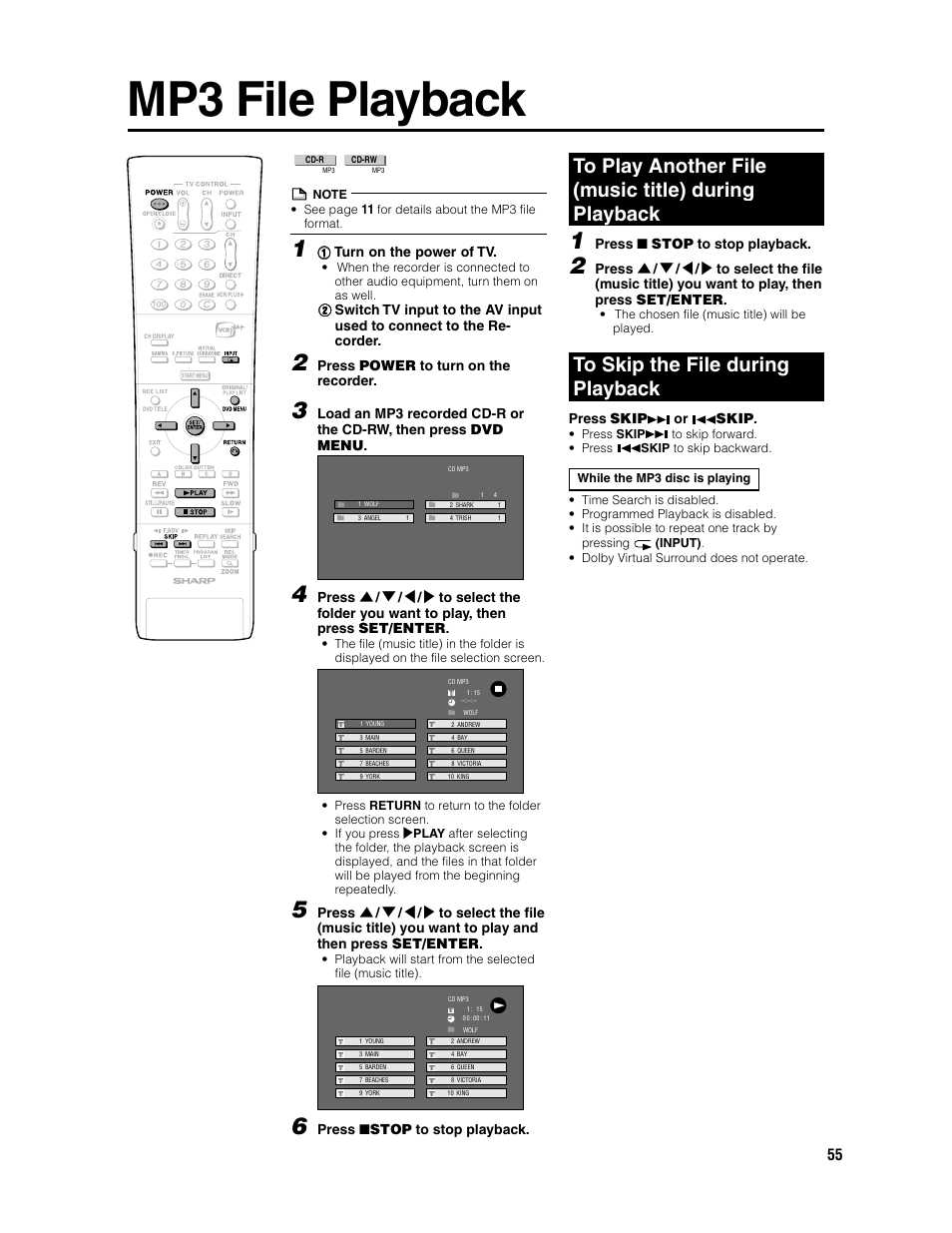 Mp3 file playback | Sharp DV-SR3U User Manual | Page 55 / 101