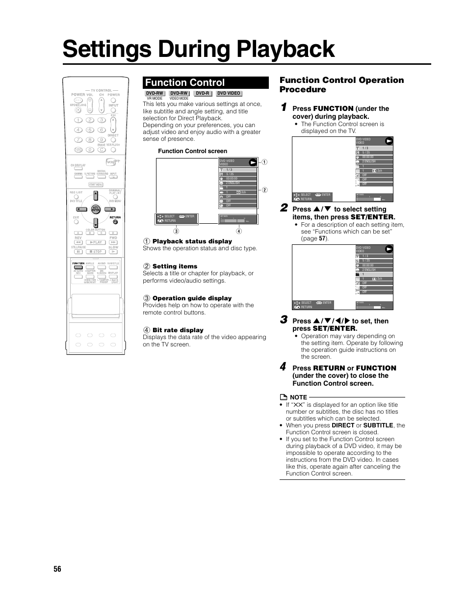 Settings during playback, Function control, Function control operation procedure | Press function (under the cover) during playback, Press ' / 