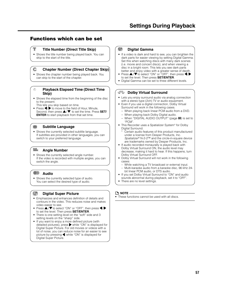 Settings during playback, Functions which can be set | Sharp DV-SR3U User Manual | Page 57 / 101