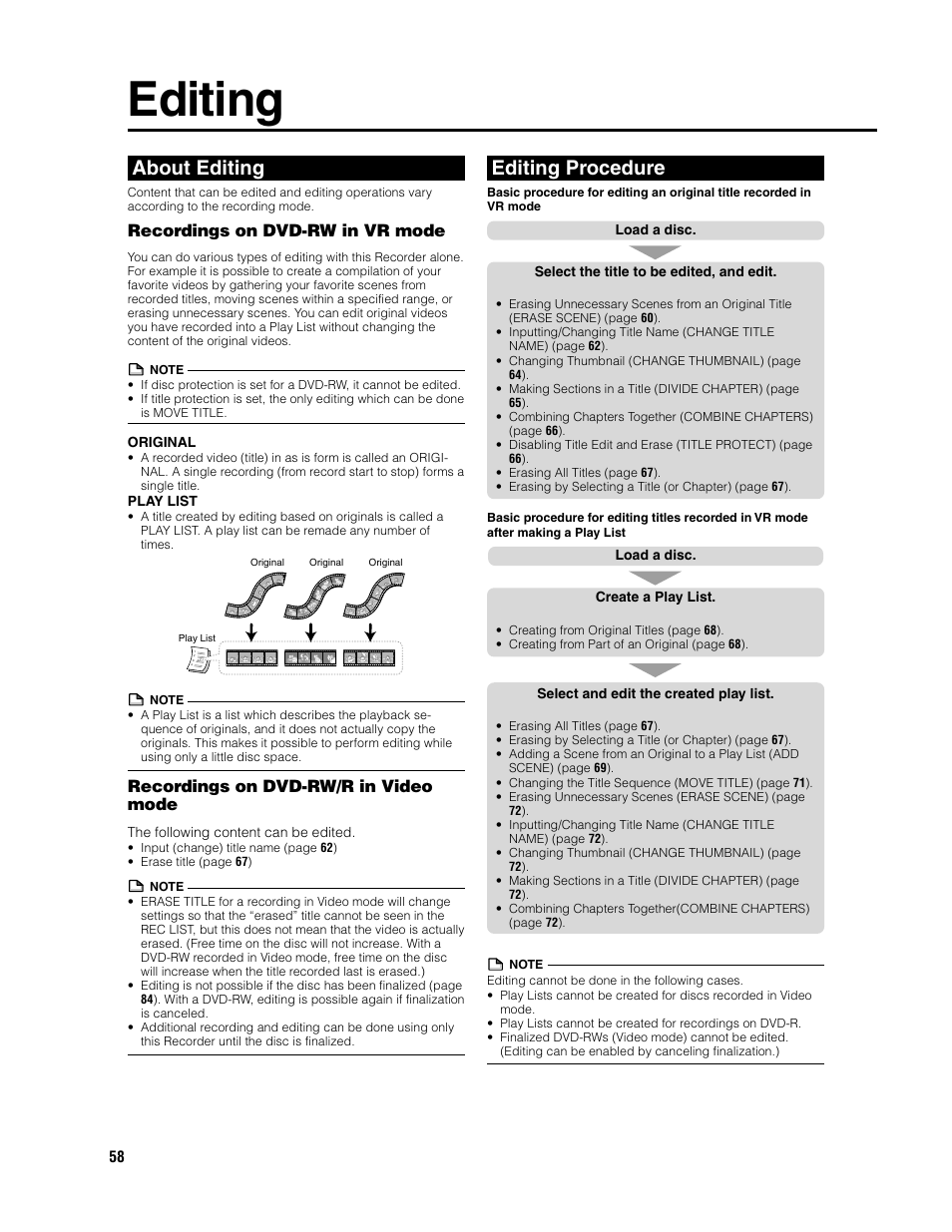 Editing, About editing, Editing procedure | Recordings on dvd-rw in vr mode, Recordings on dvd-rw/r in video mode | Sharp DV-SR3U User Manual | Page 58 / 101