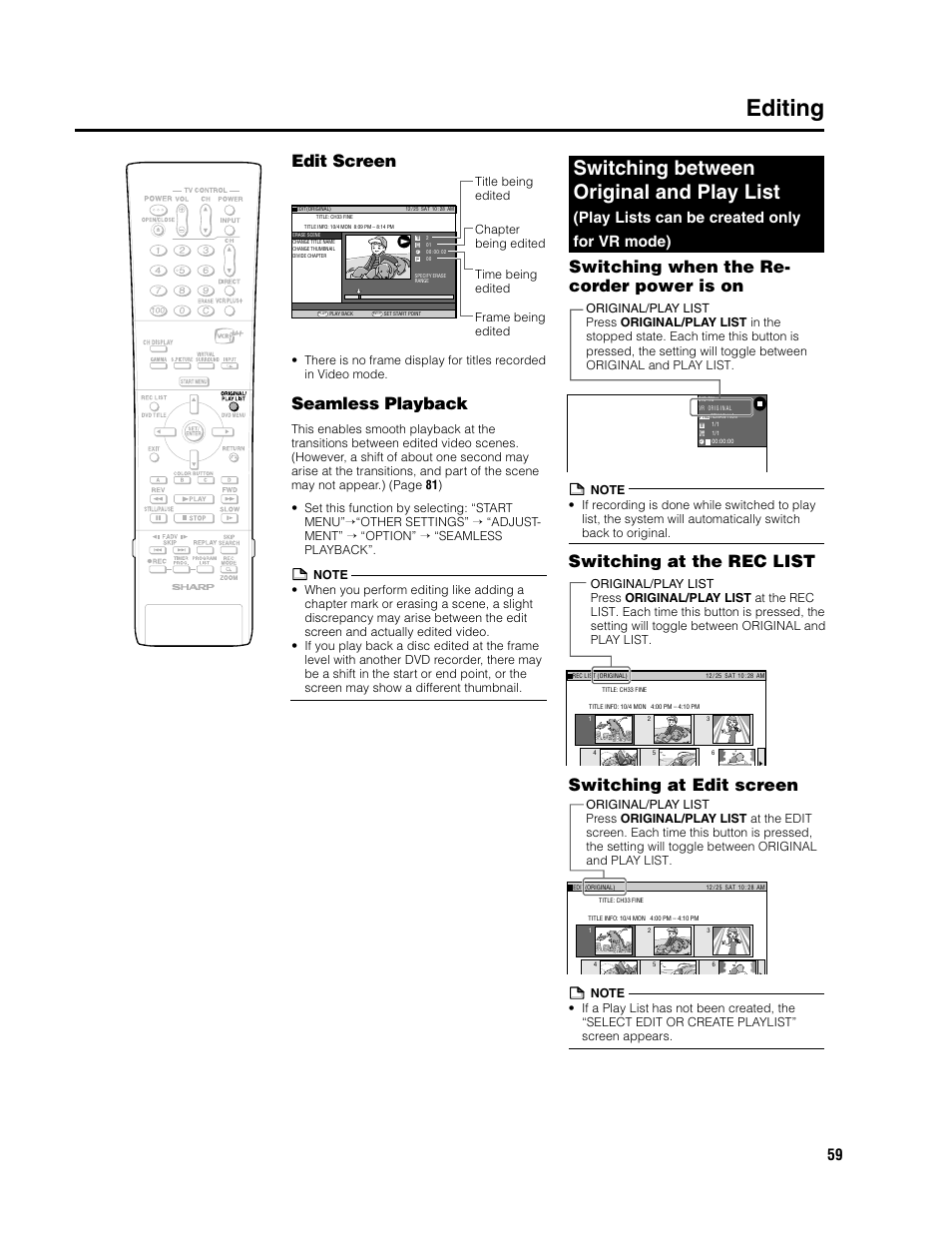 Editing, Switching between original and play list, Edit screen | Seamless playback, Switching when the re- corder power is on, Switching at the rec list switching at edit screen, Play lists can be created only for vr mode) | Sharp DV-SR3U User Manual | Page 59 / 101