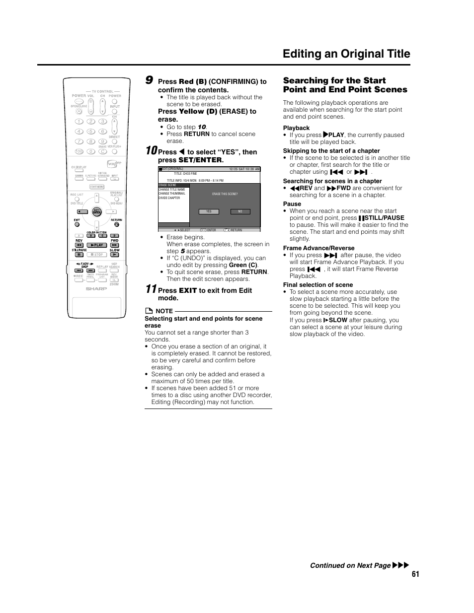 Editing an original title, Searching for the start point and end point scenes | Sharp DV-SR3U User Manual | Page 61 / 101