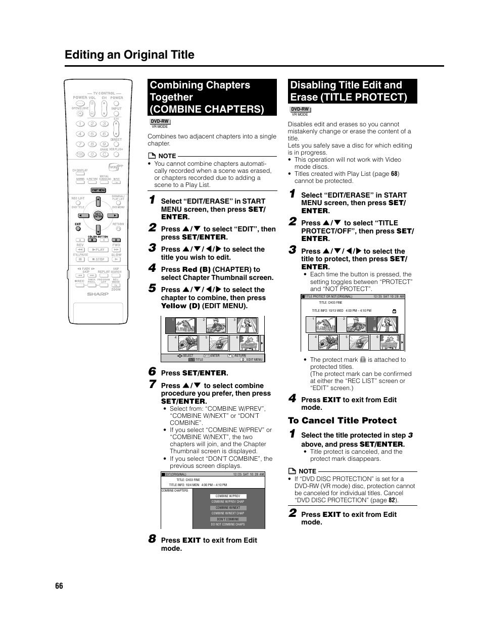 Editing an original title, Combining chapters together (combine chapters), Disabling title edit and erase (title protect) | Sharp DV-SR3U User Manual | Page 66 / 101