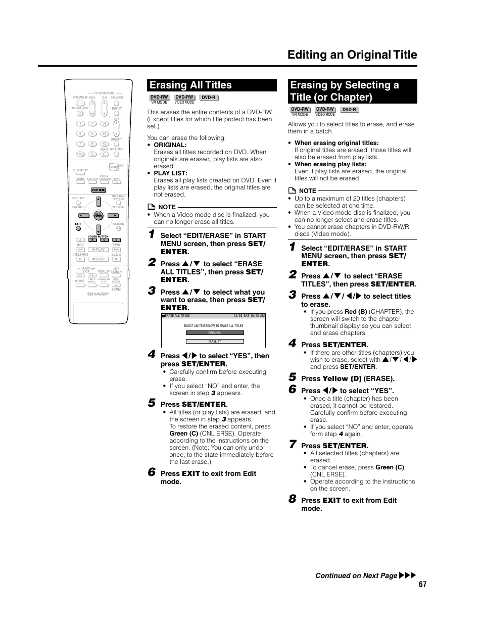 Editing an original title, Erasing all titles, Erasing by selecting a title (or chapter) | Sharp DV-SR3U User Manual | Page 67 / 101