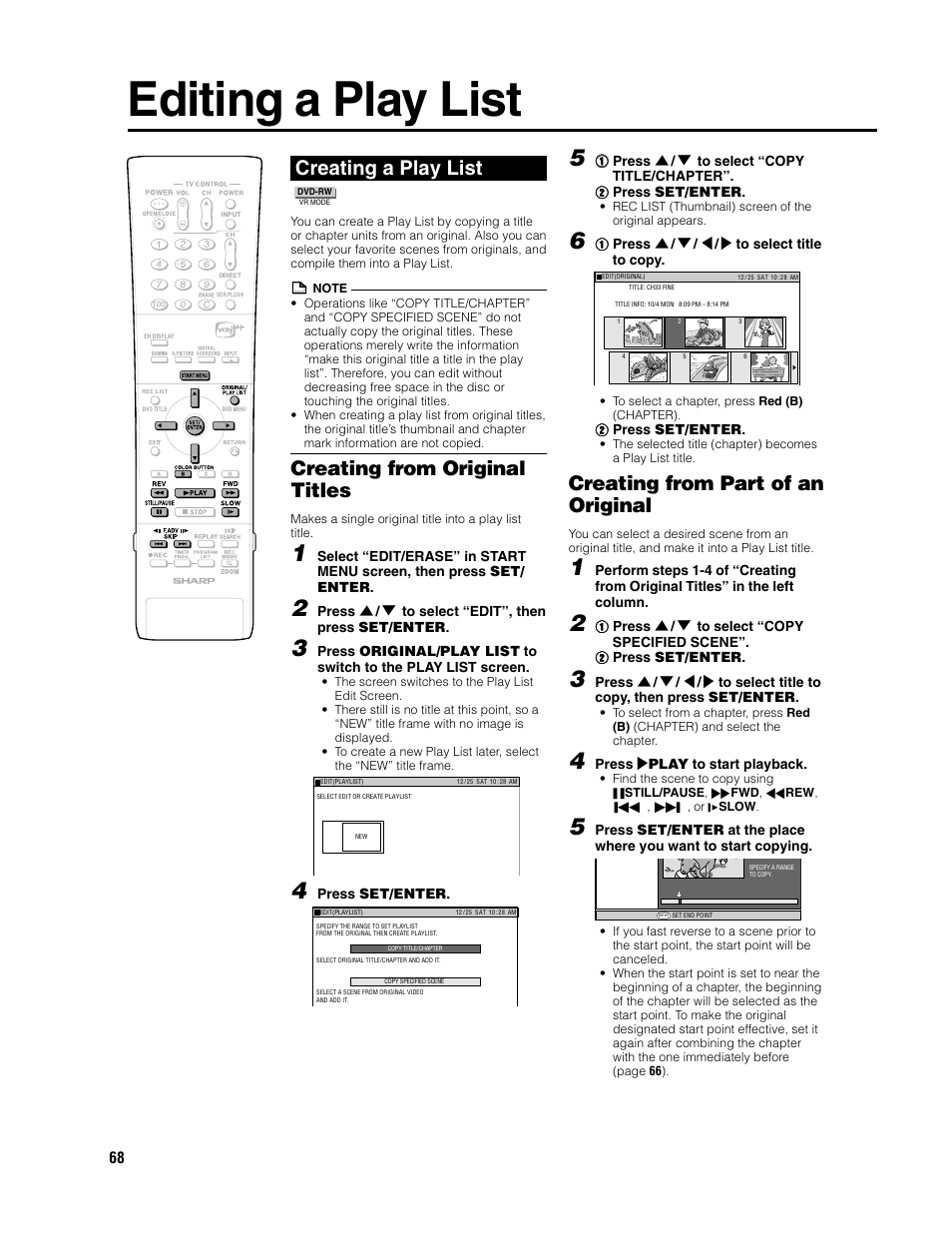 Editing a play list, Creating a play list, Creating from original titles | Creating from part of an original | Sharp DV-SR3U User Manual | Page 68 / 101