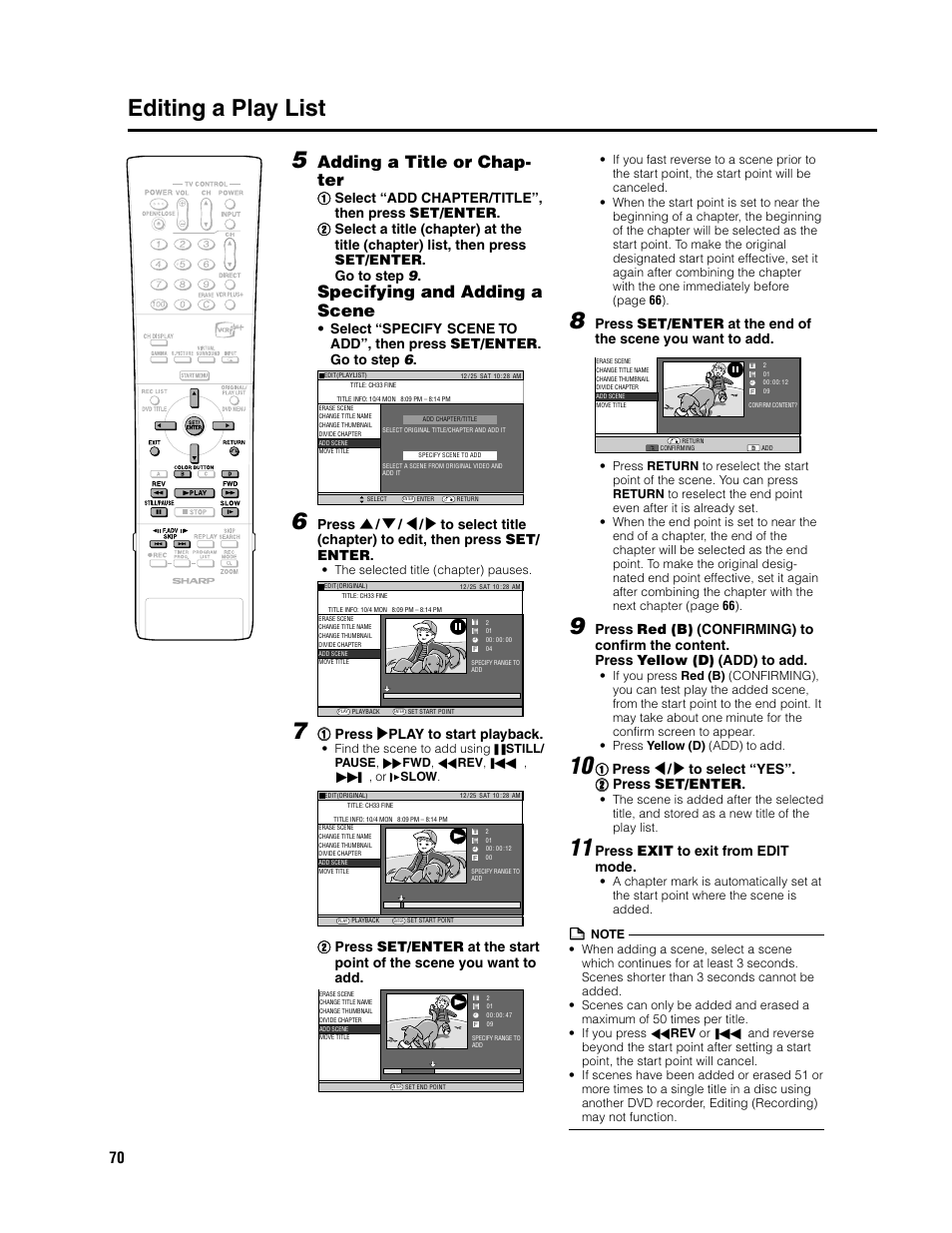 Editing a play list 5, Adding a title or chap- ter, Specifying and adding a scene | 11 press | play to start playback, Press exit to exit from edit mode | Sharp DV-SR3U User Manual | Page 70 / 101