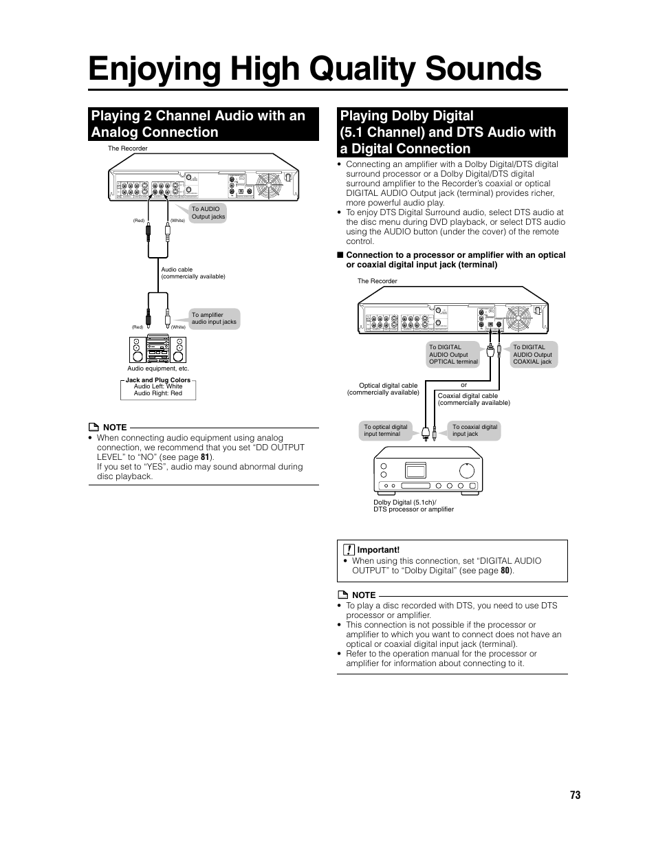 Enjoying high quality sounds, Playing 2 channel audio with an analog connection, Auto rec | Sharp DV-SR3U User Manual | Page 73 / 101