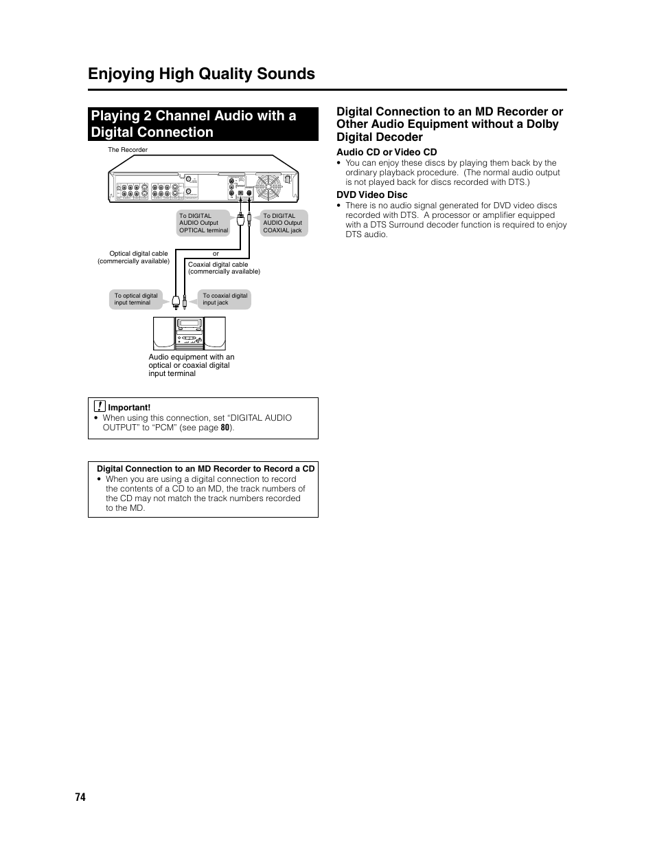 Enjoying high quality sounds, Playing 2 channel audio with a digital connection, Audio cd or video cd | Dvd video disc, Auto rec | Sharp DV-SR3U User Manual | Page 74 / 101