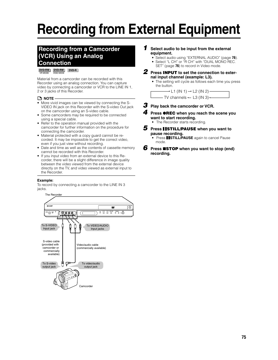 Recording from external equipment | Sharp DV-SR3U User Manual | Page 75 / 101