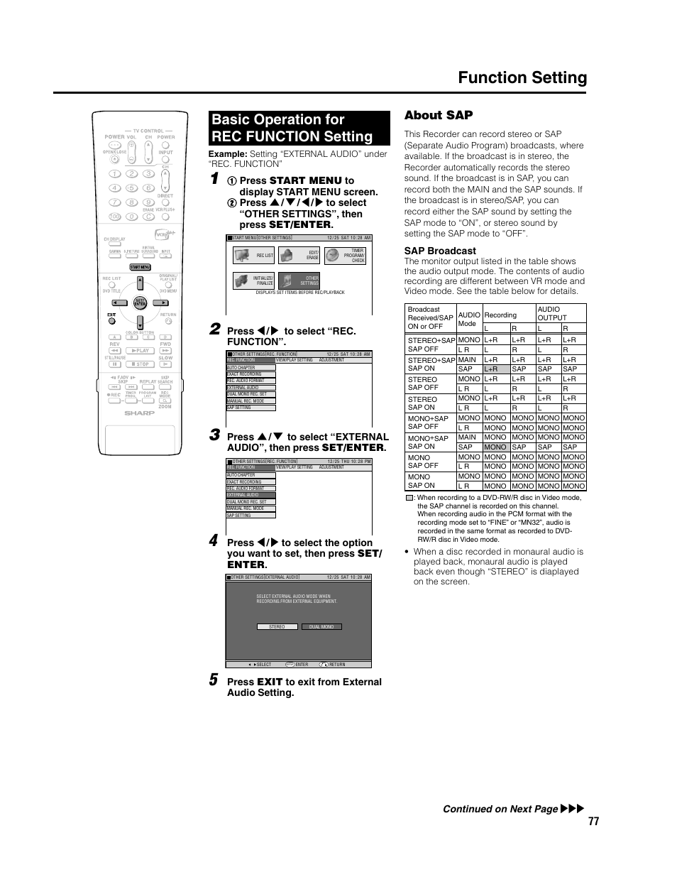 Function setting, Basic operation for rec function setting, About sap | Press \ / | to select “rec. function, Press exit to exit from external audio setting, Sap broadcast, Continued on next page | Sharp DV-SR3U User Manual | Page 77 / 101