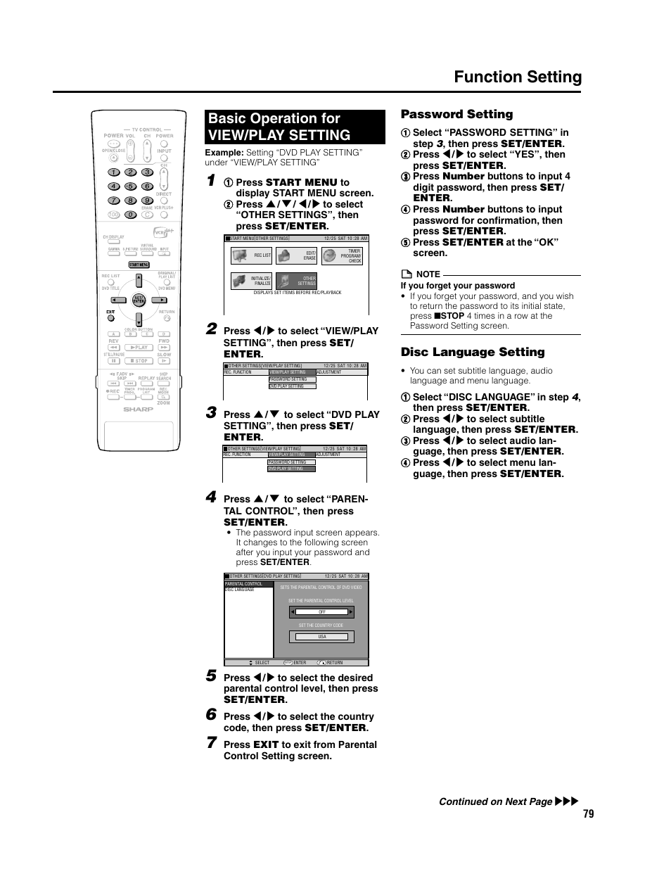 Function setting, Basic operation for view/play setting, Password setting | Disc language setting | Sharp DV-SR3U User Manual | Page 79 / 101