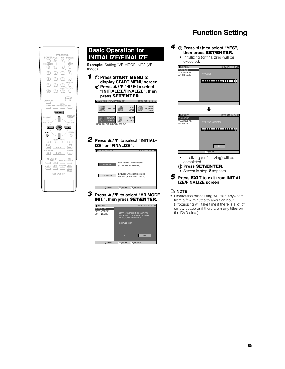 Function setting, Basic operation for initialize/finalize, Press ' / 