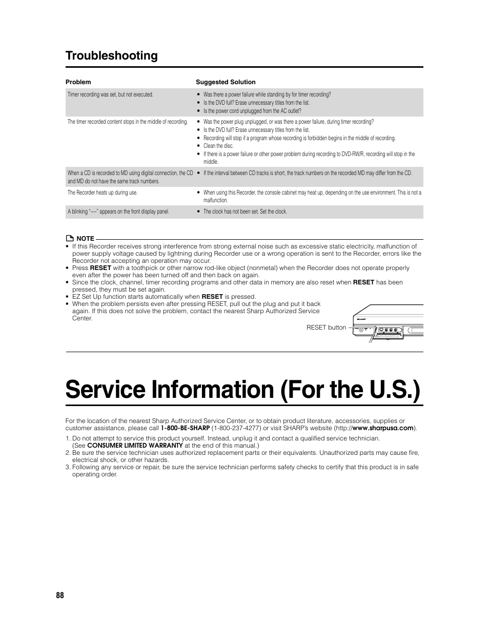 Service information (for the u.s.), Troubleshooting | Sharp DV-SR3U User Manual | Page 88 / 101