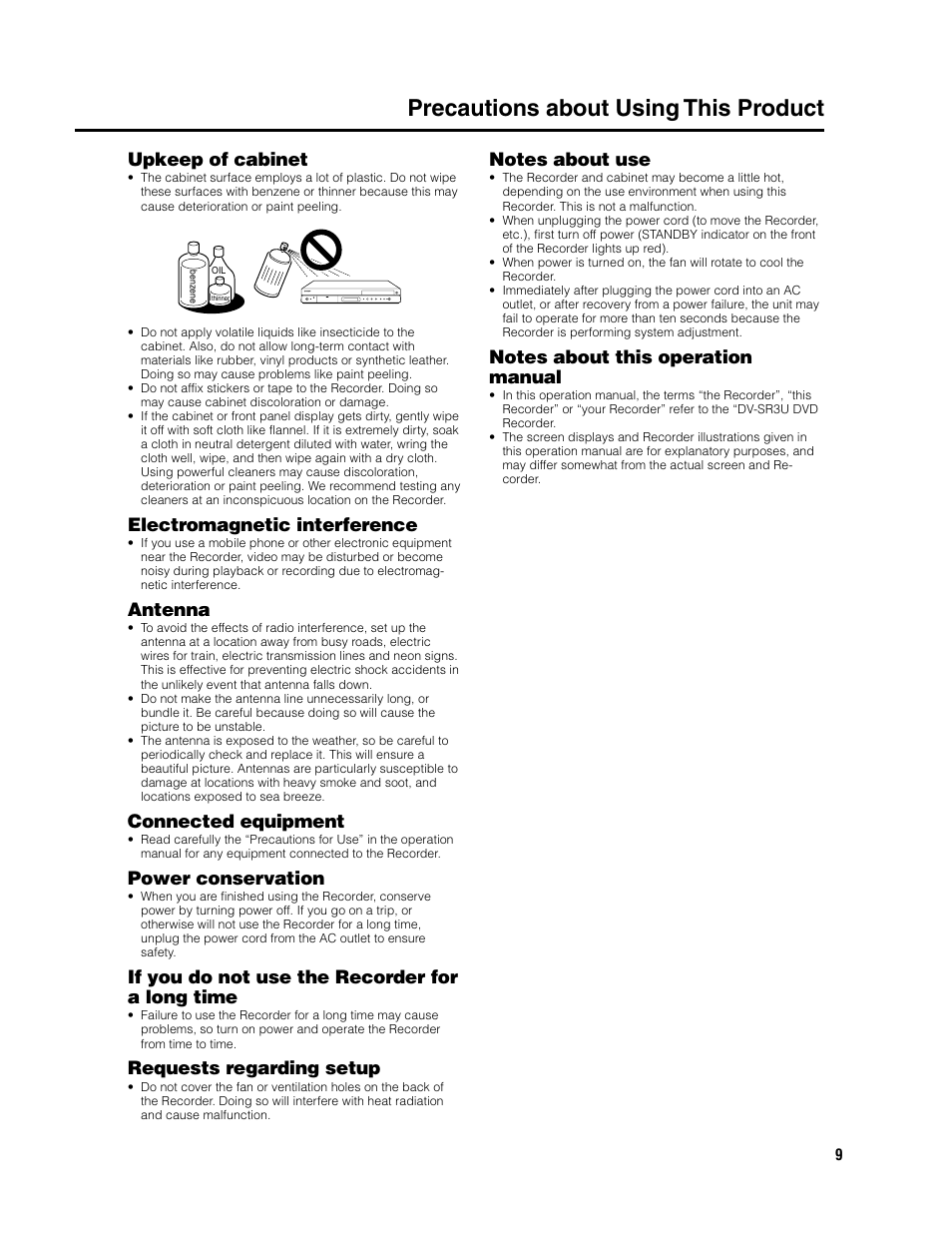 Precautions about using this product, Upkeep of cabinet, Electromagnetic interference | Antenna, Connected equipment, Power conservation, If you do not use the recorder for a long time, Requests regarding setup | Sharp DV-SR3U User Manual | Page 9 / 101