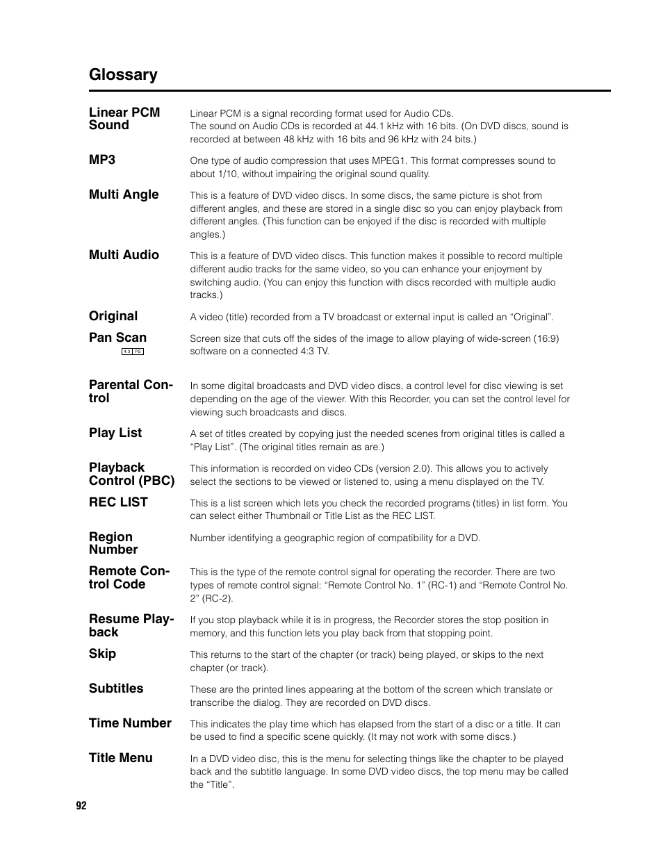 Glossary | Sharp DV-SR3U User Manual | Page 92 / 101