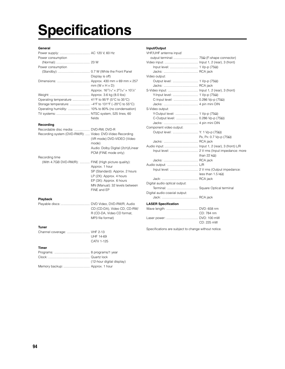 Specifications | Sharp DV-SR3U User Manual | Page 94 / 101