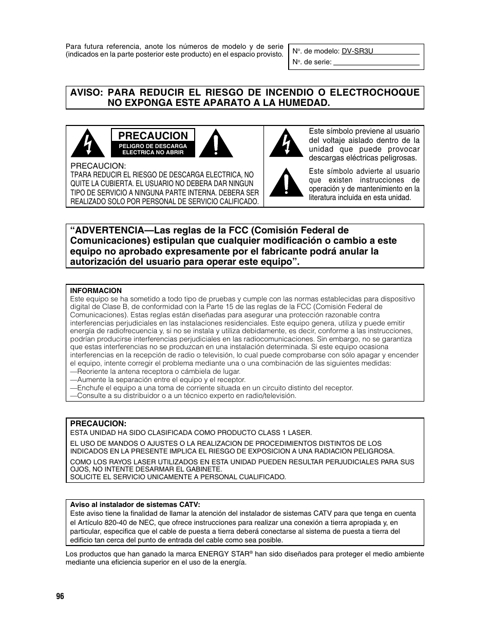 Precaucion | Sharp DV-SR3U User Manual | Page 96 / 101