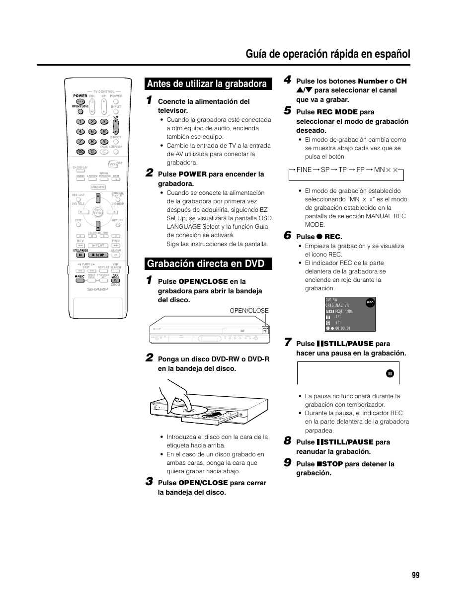 Guía de operación rápida en español 4, Antes de utilizar la grabadora, Grabación directa en dvd | Sharp DV-SR3U User Manual | Page 99 / 101