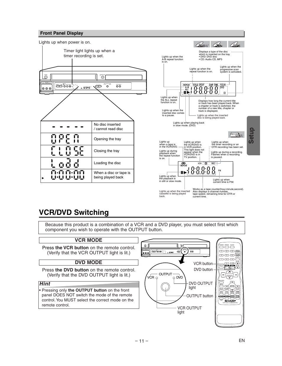 Vcr/dvd switching, Setup, Vcr mode | Dvd mode, Hint, Front panel display, Output button dvd output light vcr output light, Dvd button vcr button, Lights up when power is on | Sharp DV-NC150U User Manual | Page 11 / 35