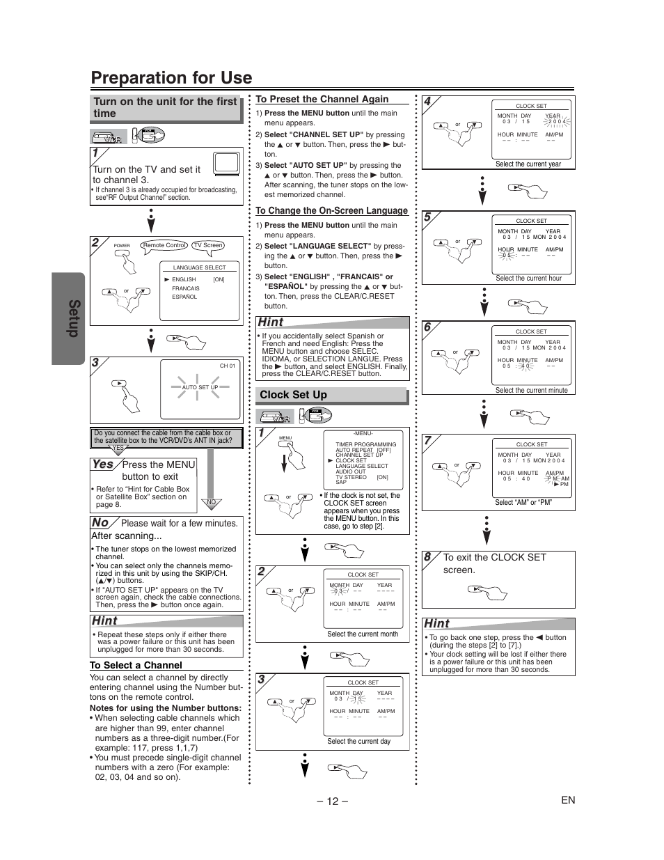 Preparation for use, Setup, Hint | Yes es, Turn on the unit for the first time, Clock set up, Turn on the tv and set it to channel 3, Please wait for a few minutes. after scanning, Press the menu button to exit | Sharp DV-NC150U User Manual | Page 12 / 35