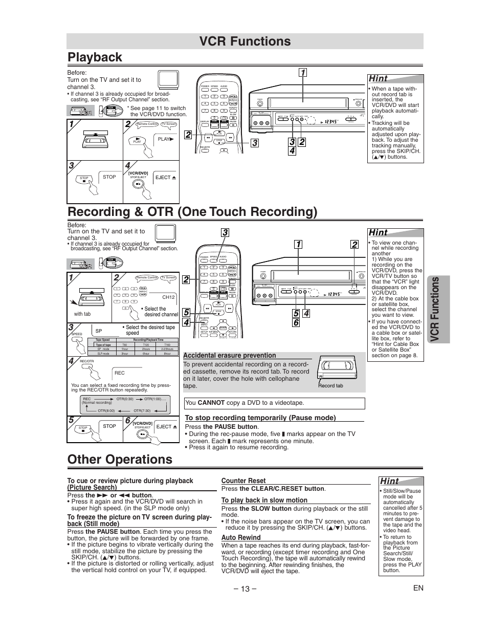 Recording & otr (one touch recording) playback, Other operations, Vcr functions | Hint, Accidental erasure prevention, Counter reset, Auto rewind | Sharp DV-NC150U User Manual | Page 13 / 35