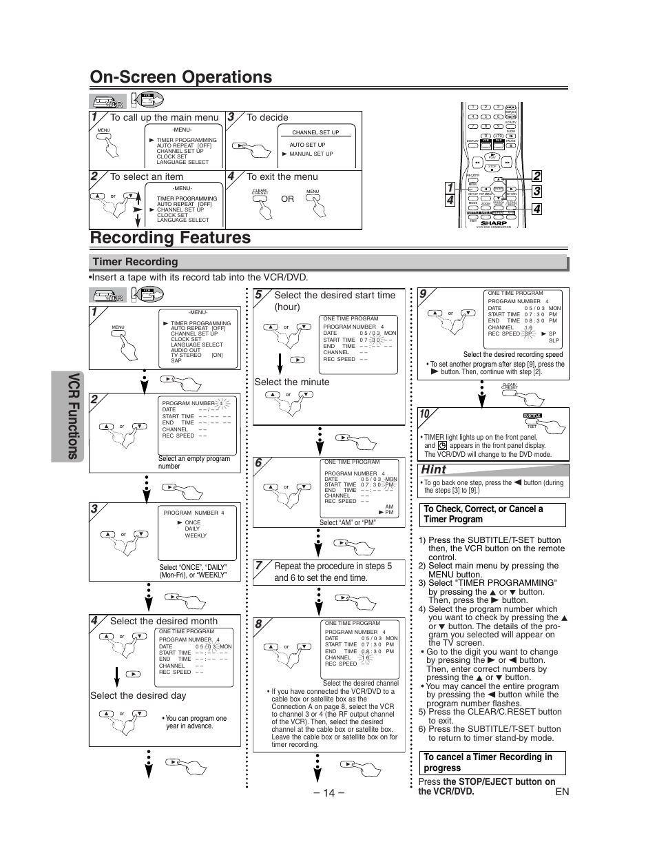 On-screen operations, Recording features, Vcr functions | Hint, Timer recording, Insert a tape with its record tab into the vcr/dvd, Select the desired month select the desired day | Sharp DV-NC150U User Manual | Page 14 / 35