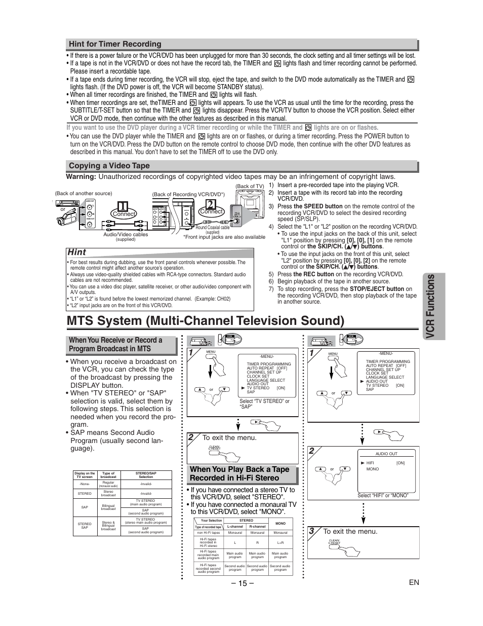 Mts system (multi-channel television sound), Vcr functions, Hint | Copying a video tape, Hint for timer recording, Component video out | Sharp DV-NC150U User Manual | Page 15 / 35