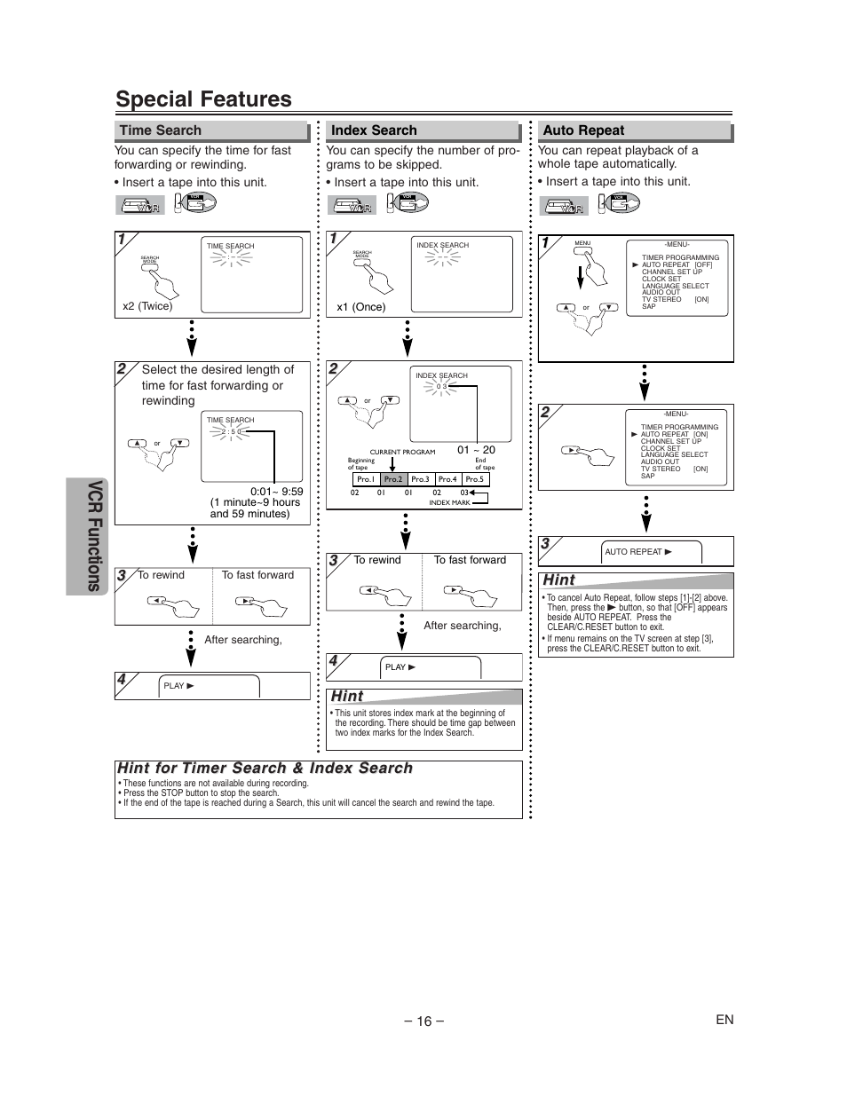 Special features, Vcr functions, Hint f | Hint | Sharp DV-NC150U User Manual | Page 16 / 35