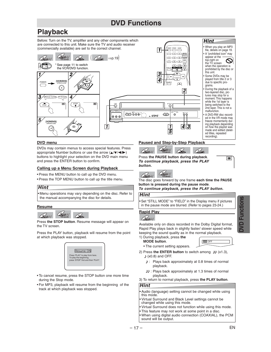 Playback, Dvd functions, 2hint hint | Hint | Sharp DV-NC150U User Manual | Page 17 / 35