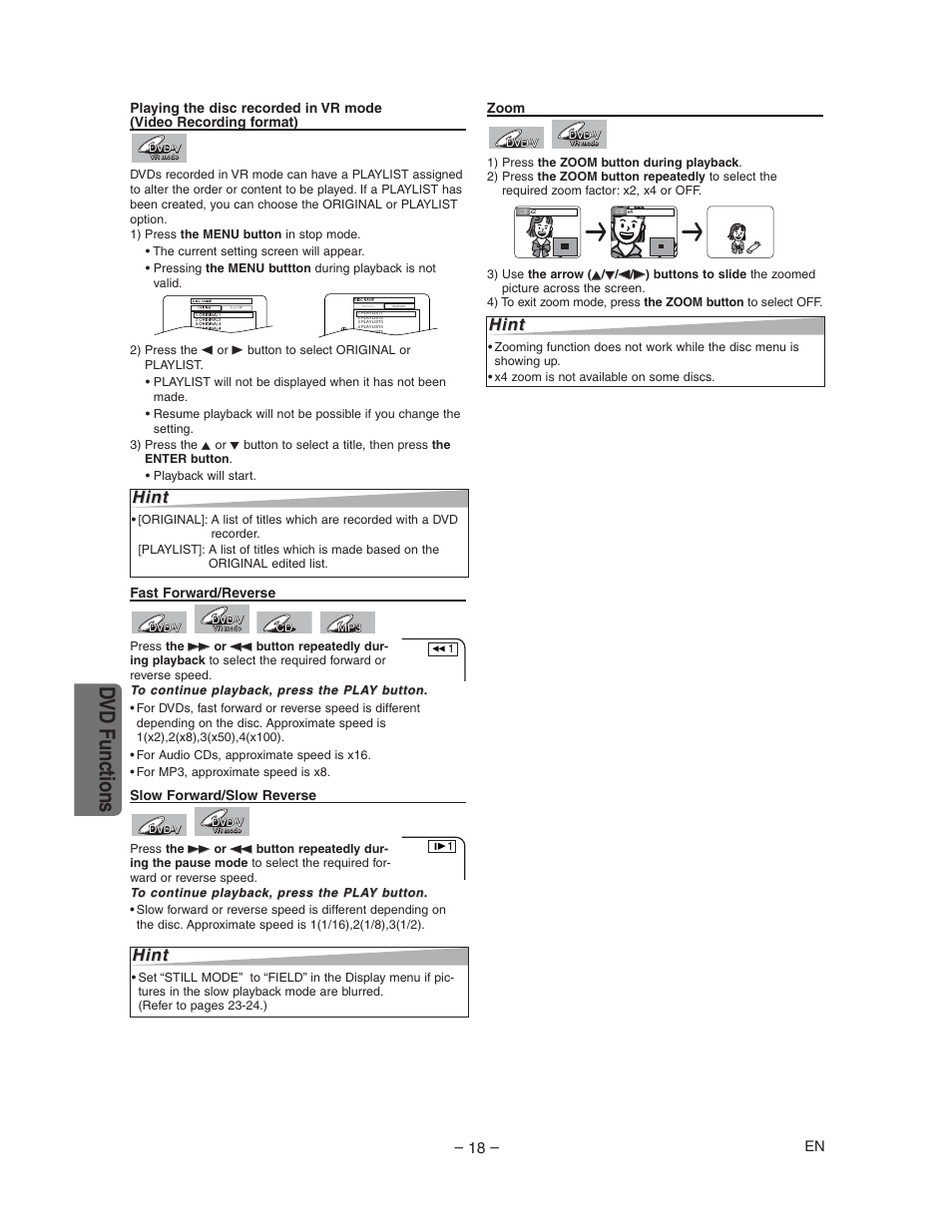 Dvd functions, Hint | Sharp DV-NC150U User Manual | Page 18 / 35