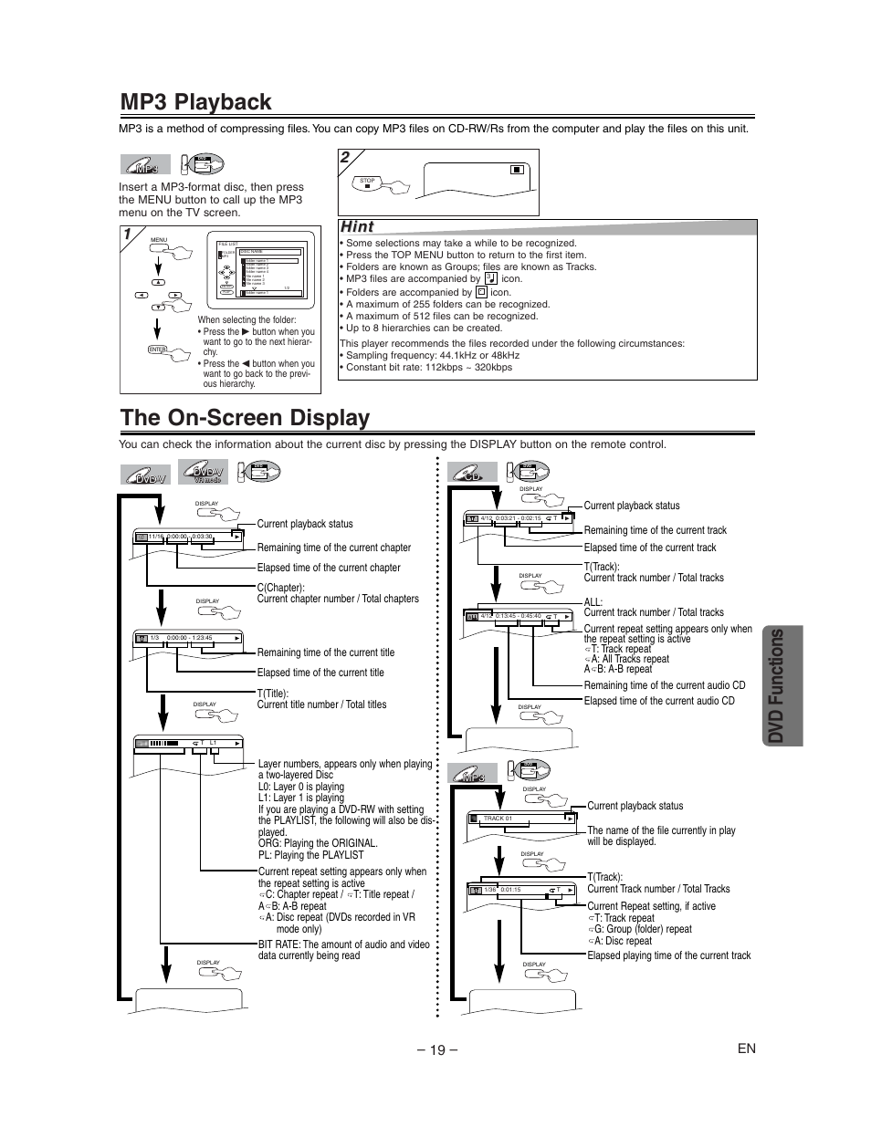 Mp3 playback, The on-screen display, Dvd functions | Hint | Sharp DV-NC150U User Manual | Page 19 / 35