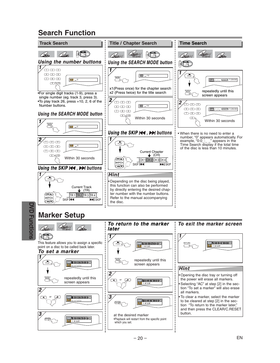 Search function, Marker setup, Dvd functions | Using the search, Using the search mode mode b b utton utton 1 1, Using the n, Using the n umber b umber b uttons uttons, Using the search mode mode b b utton utton, Using the skip, Hint | Sharp DV-NC150U User Manual | Page 20 / 35