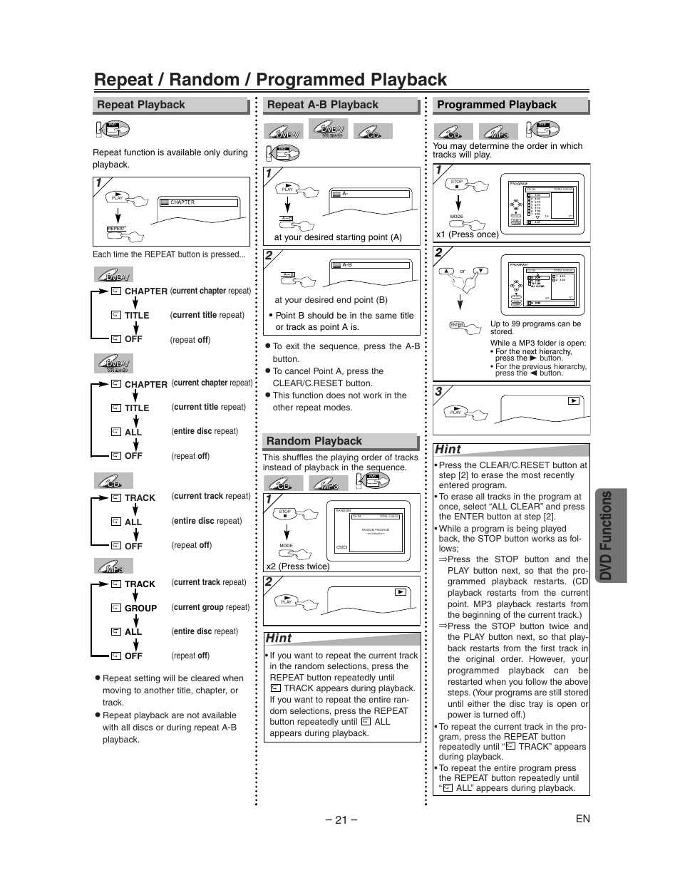 Repeat / random / programmed playback, Dvd functions, Hint | Repeat playback programmed playback, Repeat a-b playback, Random playback | Sharp DV-NC150U User Manual | Page 21 / 35