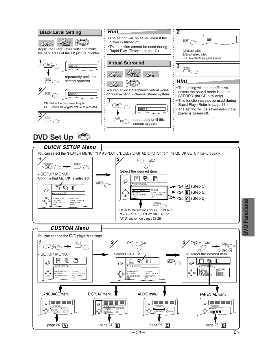 Dvd set up, Dvd functions, Cust | Cust om men om men u u, Quick setup men uick setup men u u, Hint, Virtual surround, Black level setting, P24 (step 5), Page 24 | Sharp DV-NC150U User Manual | Page 23 / 35