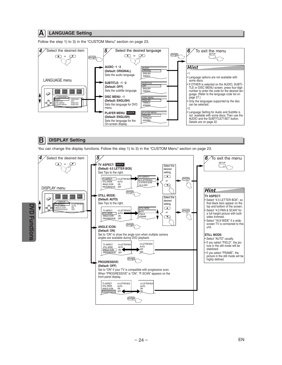 Dvd functions, 5hint hint, Hint | Display setting, Language setting, Display menu, Language menu | Sharp DV-NC150U User Manual | Page 24 / 35