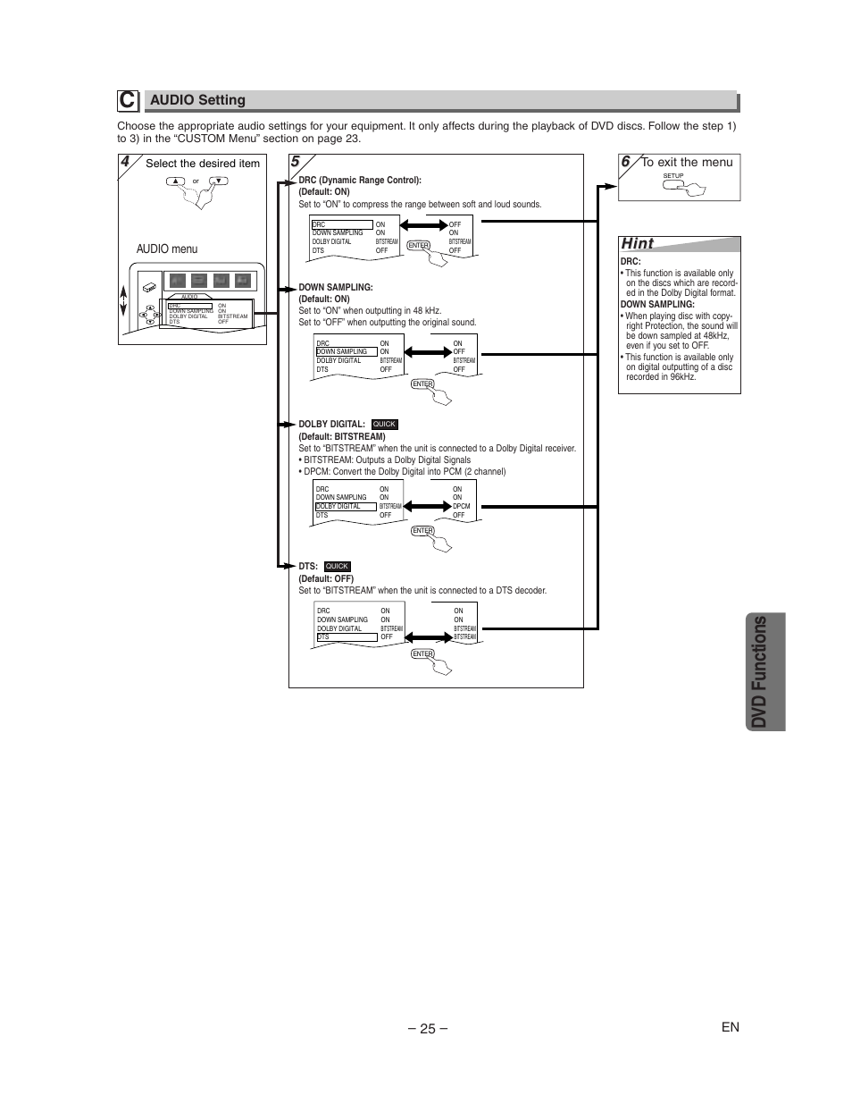 Dvd functions, Hint, Audio setting | Audio menu | Sharp DV-NC150U User Manual | Page 25 / 35