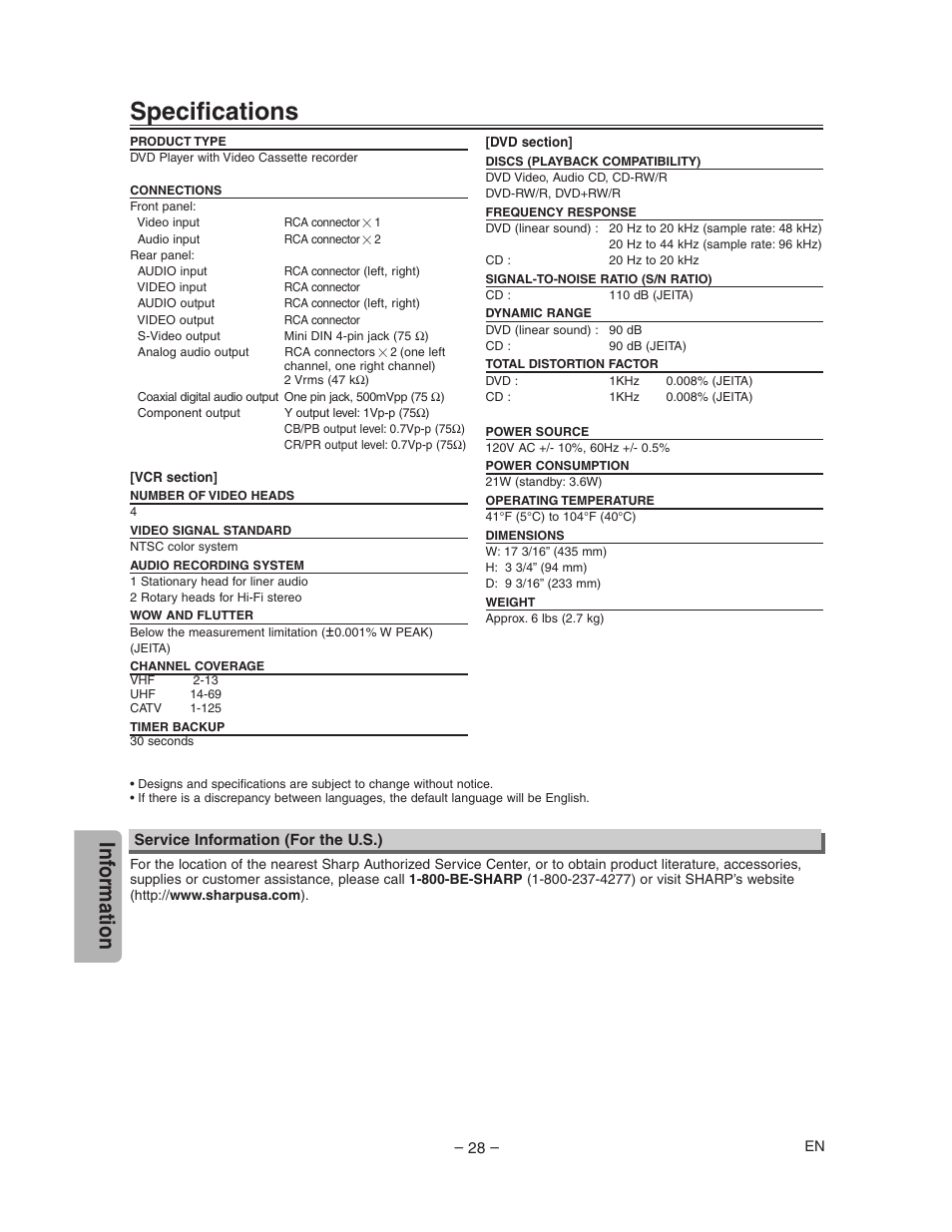 Specifications, Inf ormation | Sharp DV-NC150U User Manual | Page 28 / 35