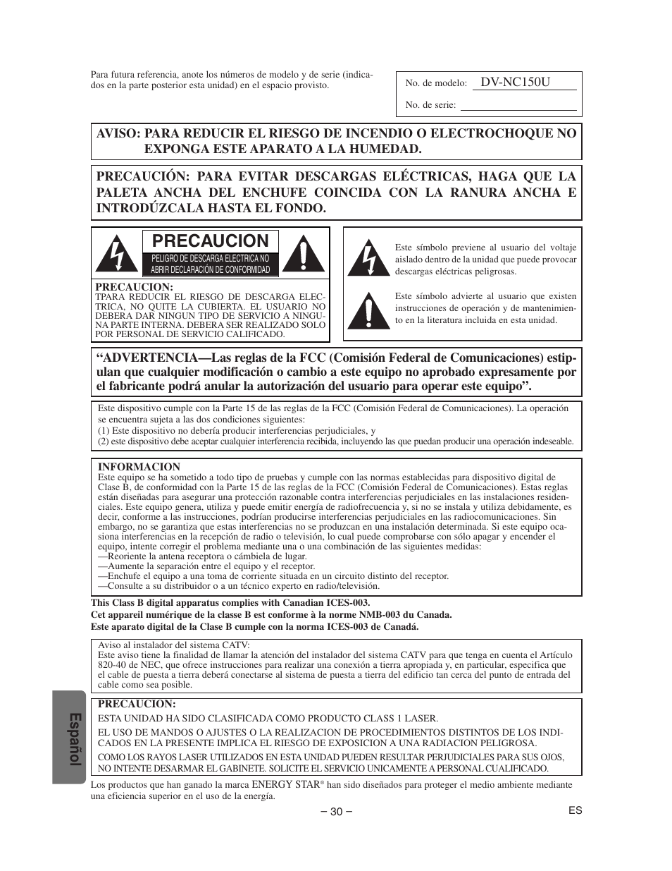 Precaucion, Español | Sharp DV-NC150U User Manual | Page 30 / 35